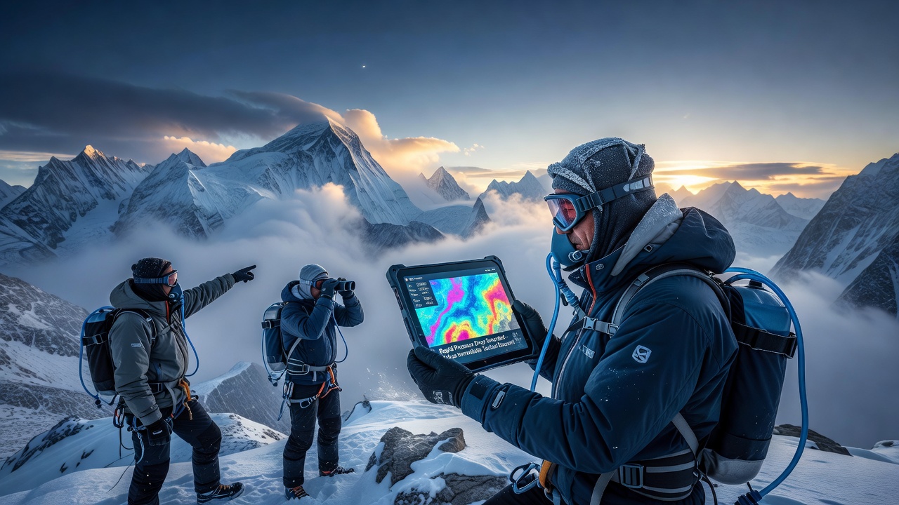 Mountaineers assessing weather instruments at a high-altitude base camp during pressure monitoring