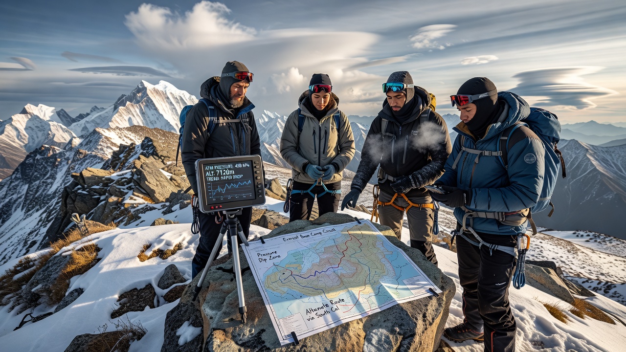 Climbers reviewing digital barometric charts inside a tent at 6,200 meters