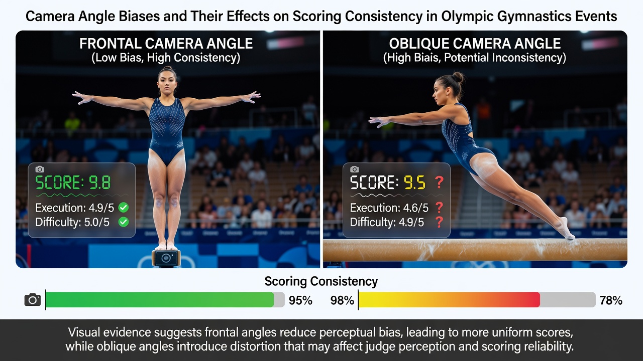 Close-up view of Olympic gymnastics judging panel monitors displaying synchronized camera feeds