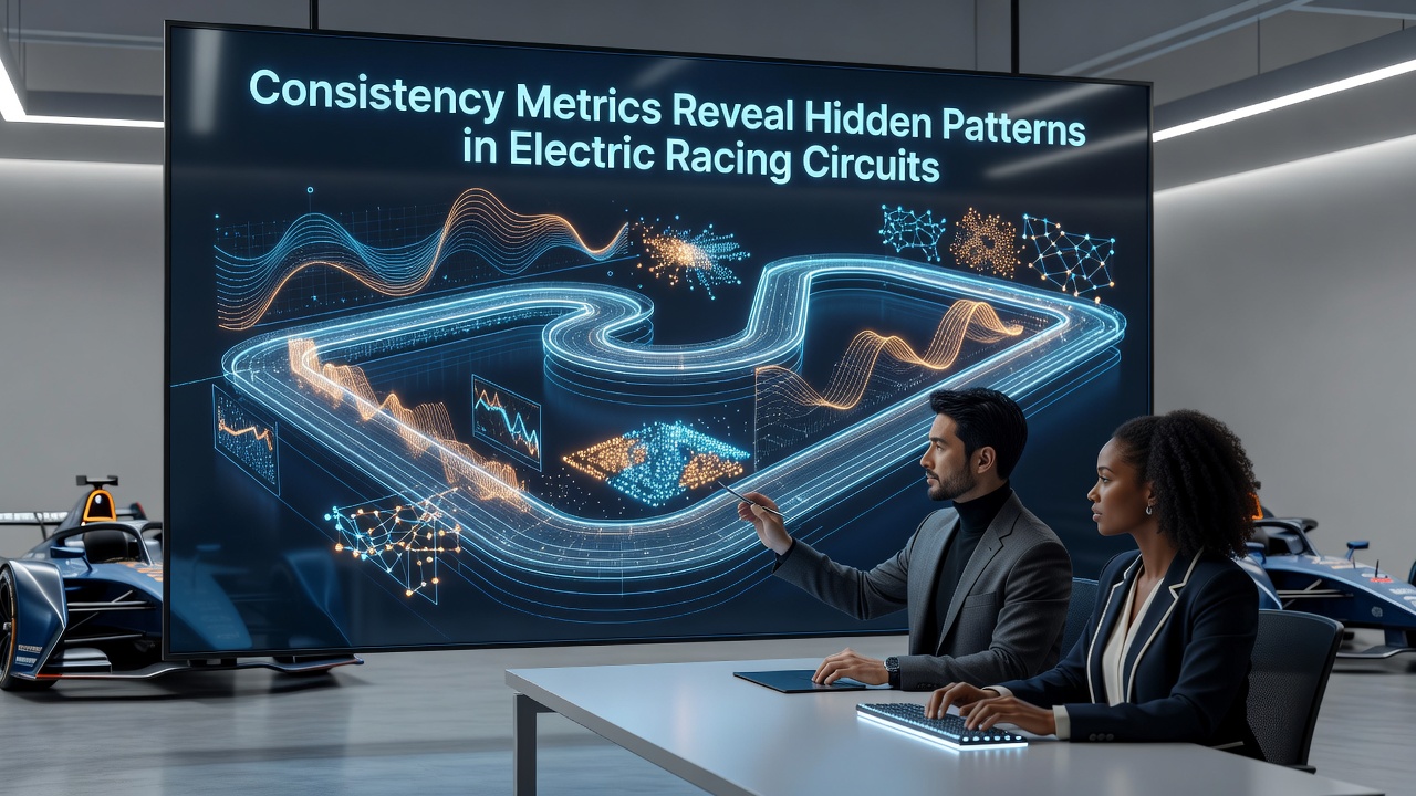Electric racing cars navigating a circuit with data overlays showing lap consistency metrics