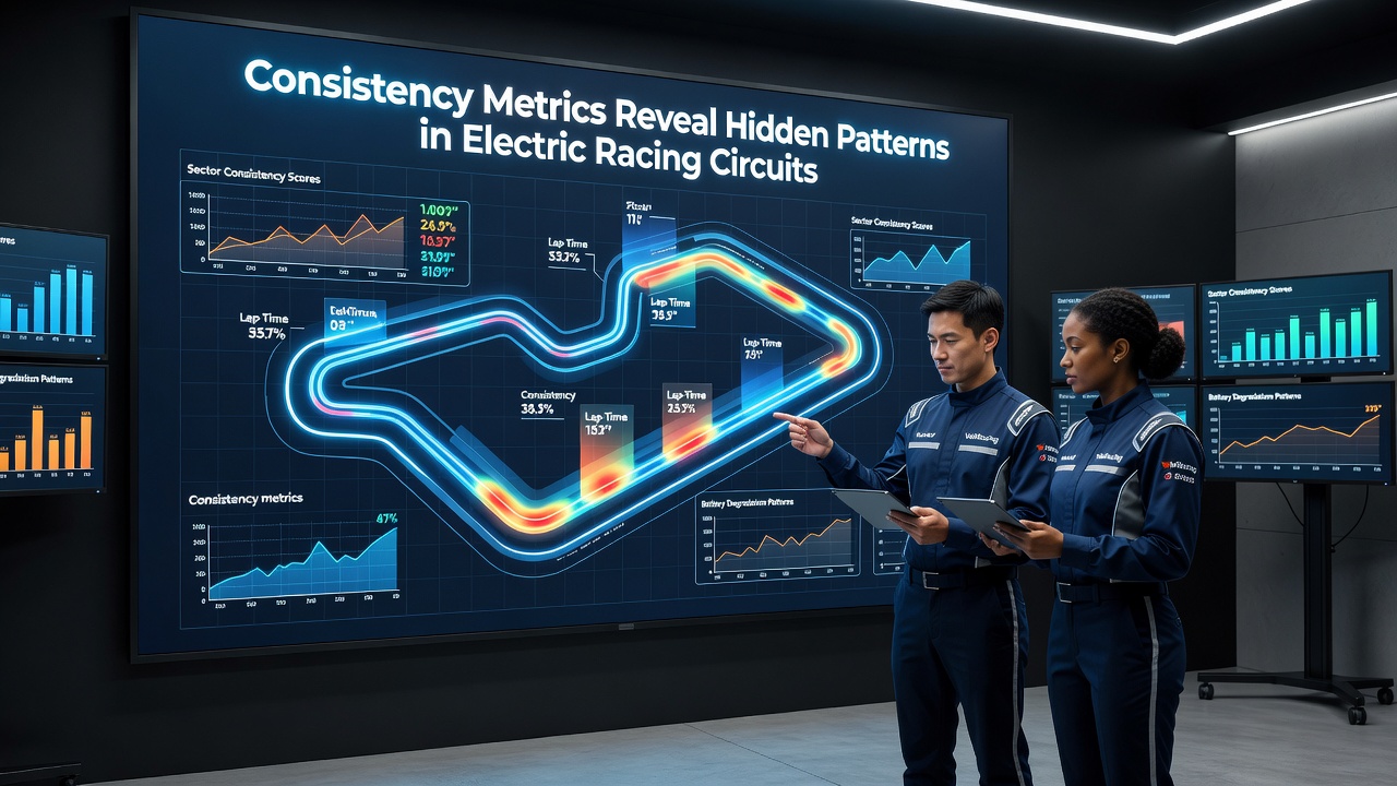 Close-up of electric race car telemetry screen displaying consistency and energy metrics during a session