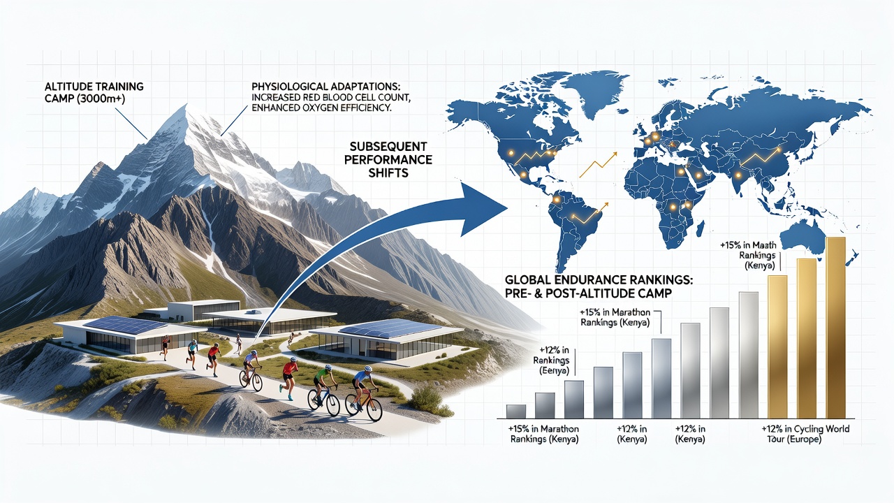 Endurance athletes training at high-altitude camp with mountain backdrop