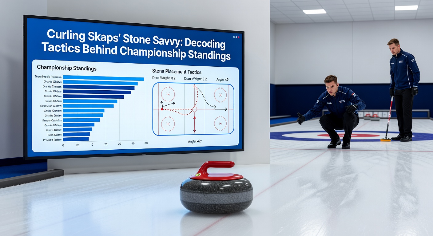 Close-up of curling stones clustered in the house, with the skip's broom pointing to the ideal shot line amid a tense championship end