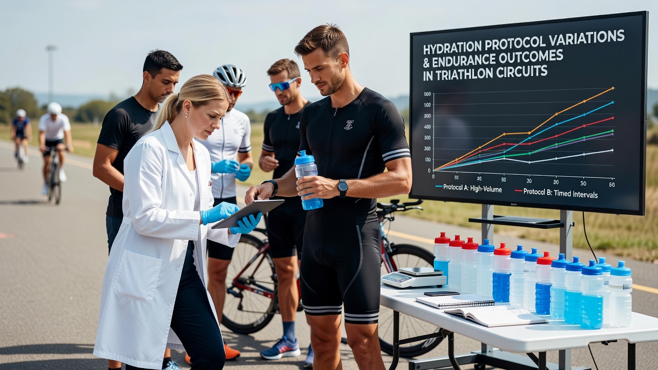 Triathletes managing hydration during a long-distance race with bottles and electrolyte packs visible at aid stations