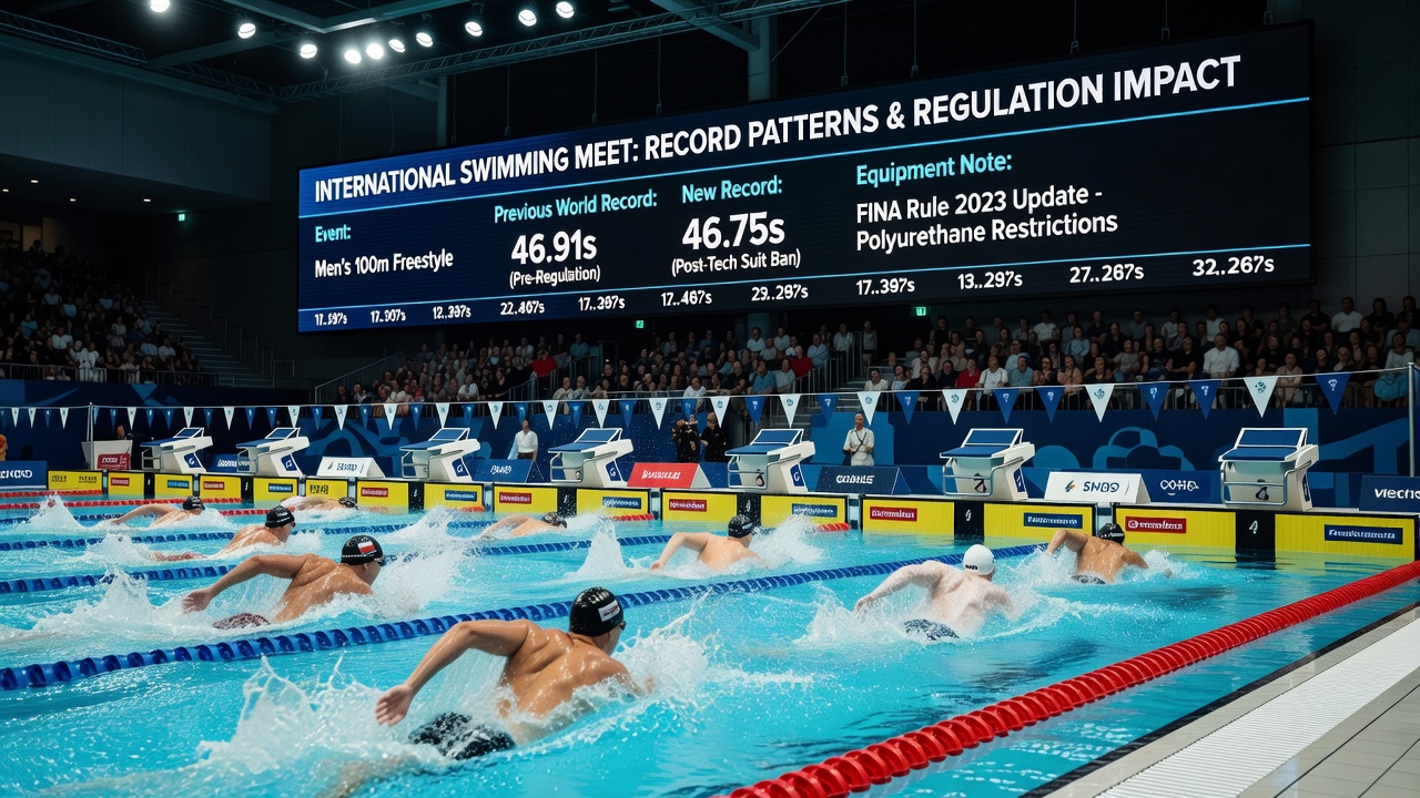 Close-up of regulated swimming gear including cap and goggles used in international competitions
