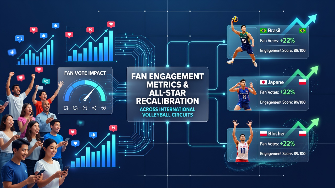 Volleyball players celebrating during an international match while fans engage via mobile apps in the stands