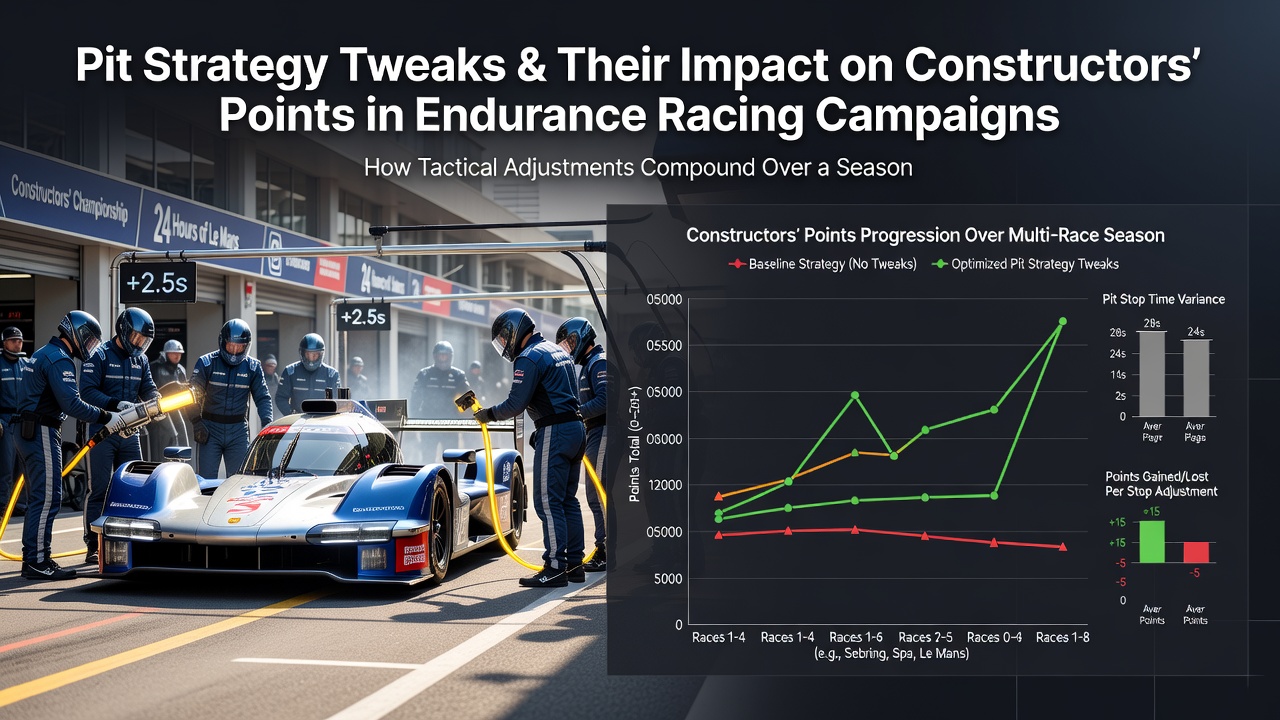 Endurance racing pit crew executing a coordinated stop during a multi-hour event