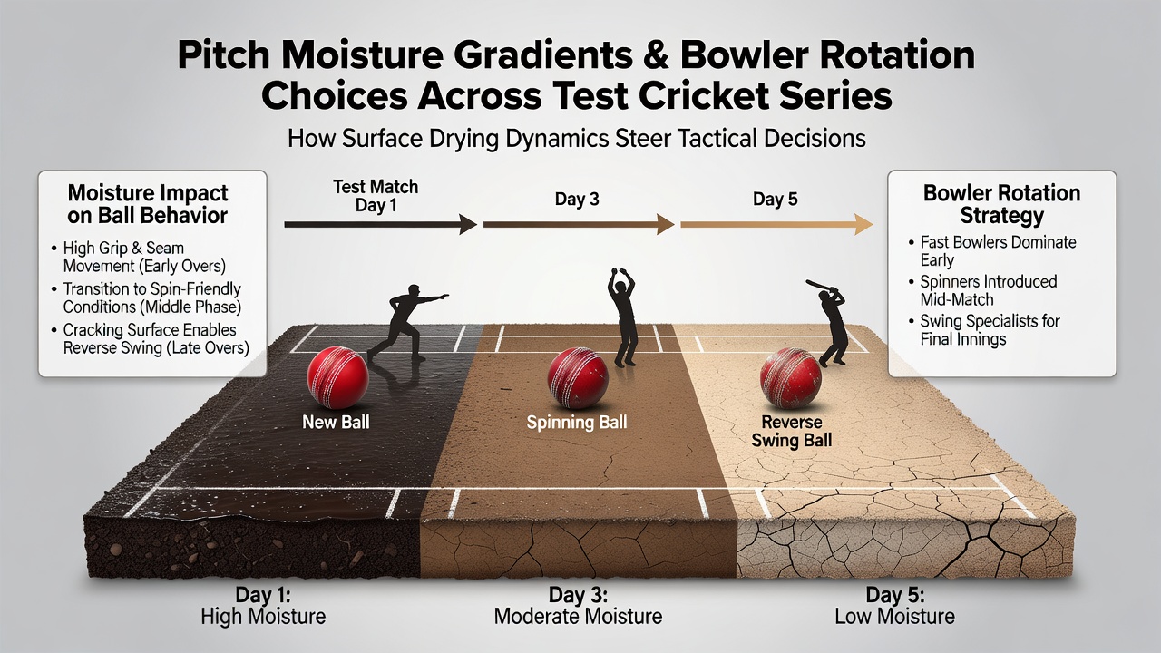 Bowlers discussing field placements on a drying test pitch surface
