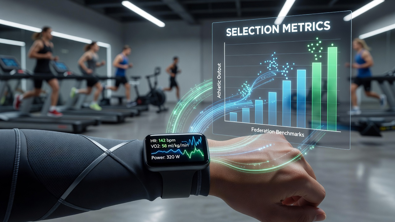 Athletes wearing advanced sensors during training sessions monitored by federation officials