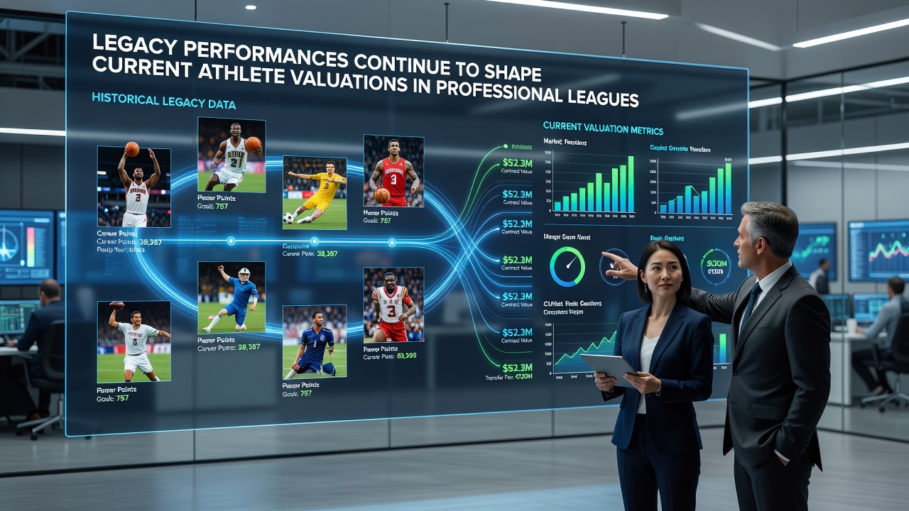 Data analysts reviewing historical performance records for athlete valuation assessments