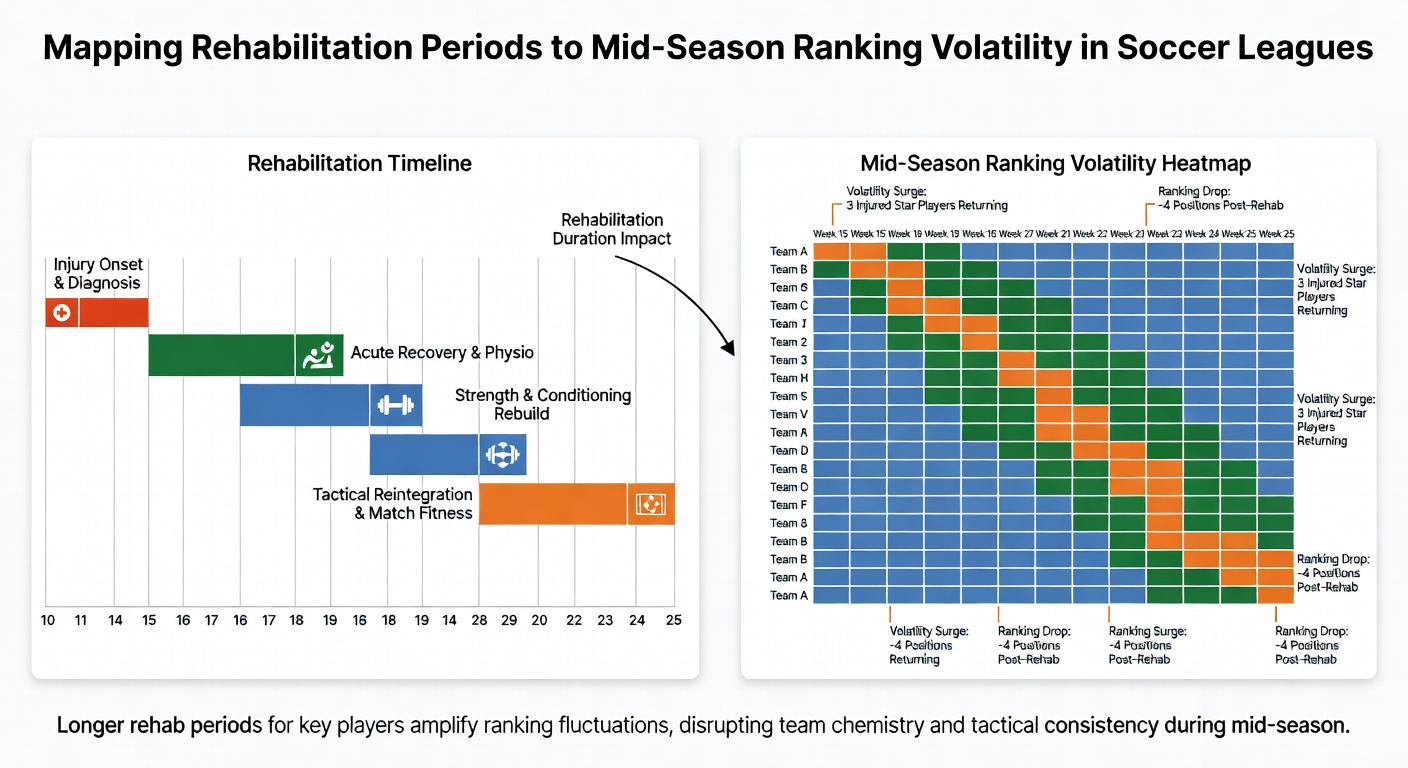 Graph illustrating mid-season ranking volatility patterns mapped against rehabilitation durations in top European soccer leagues