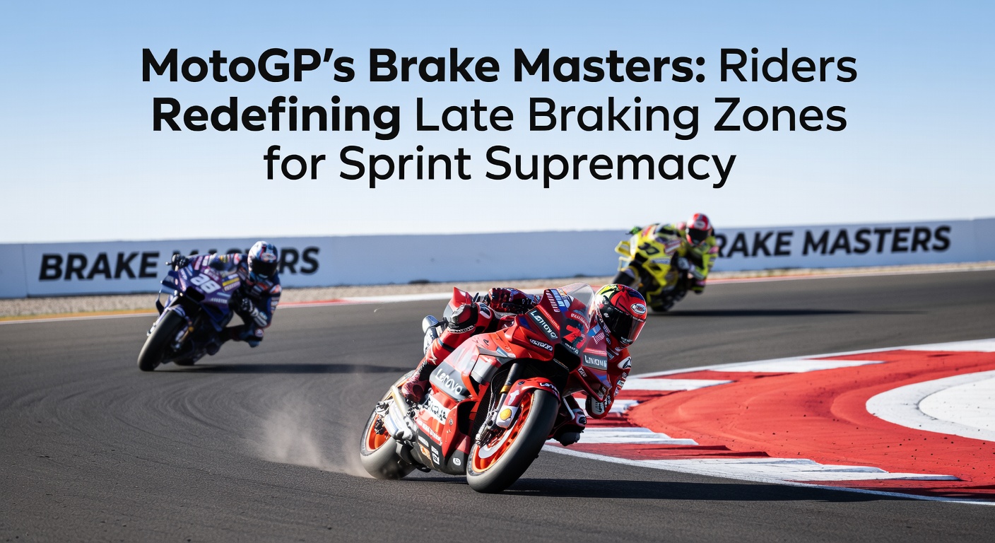 MotoGP rider executing a precise late brake into a tight corner during a sprint race, showcasing tire smoke and lean angle