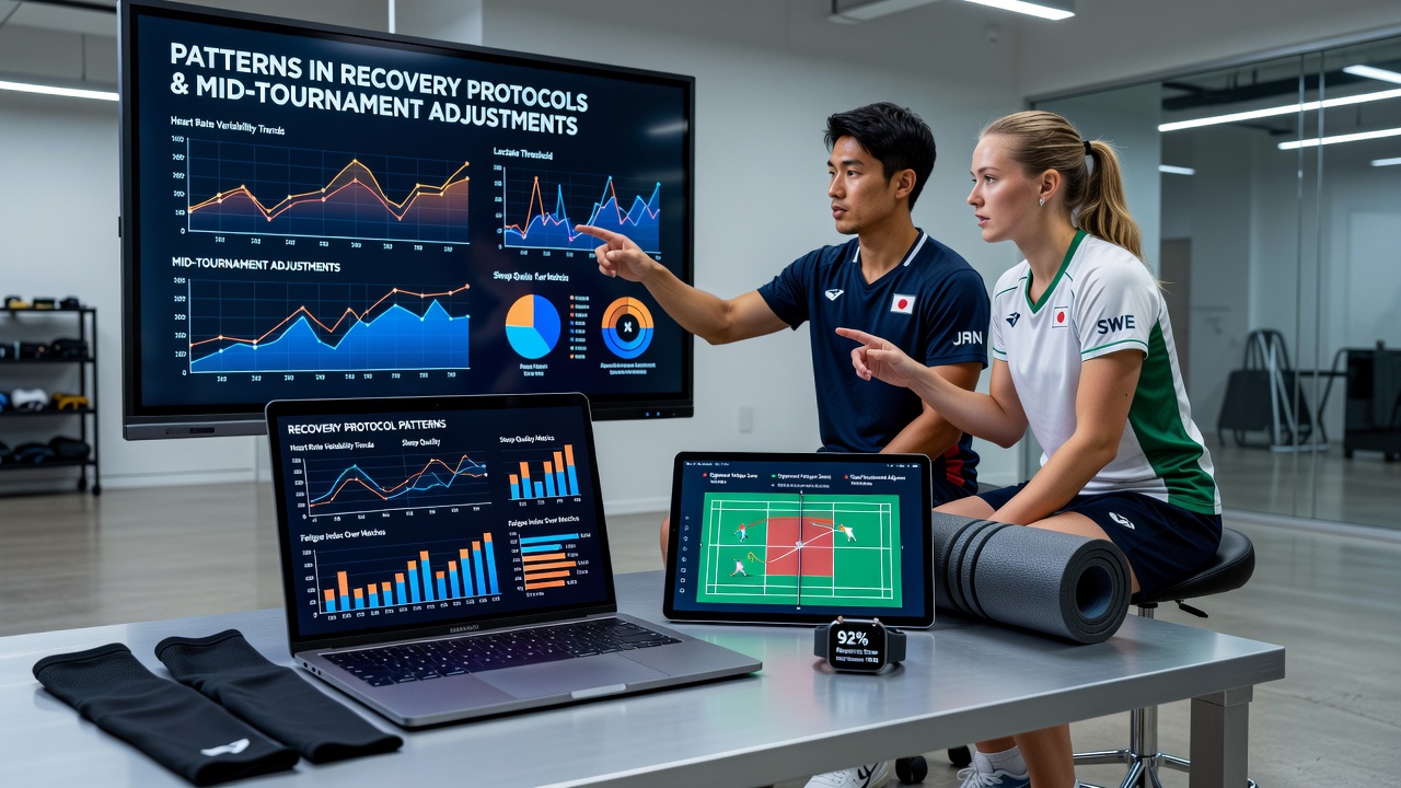 International badminton players reviewing recovery data during a tournament break