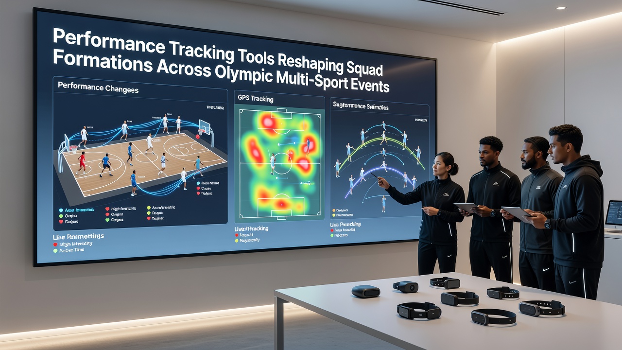 Coaches reviewing performance analytics dashboards to adjust Olympic squad lineups