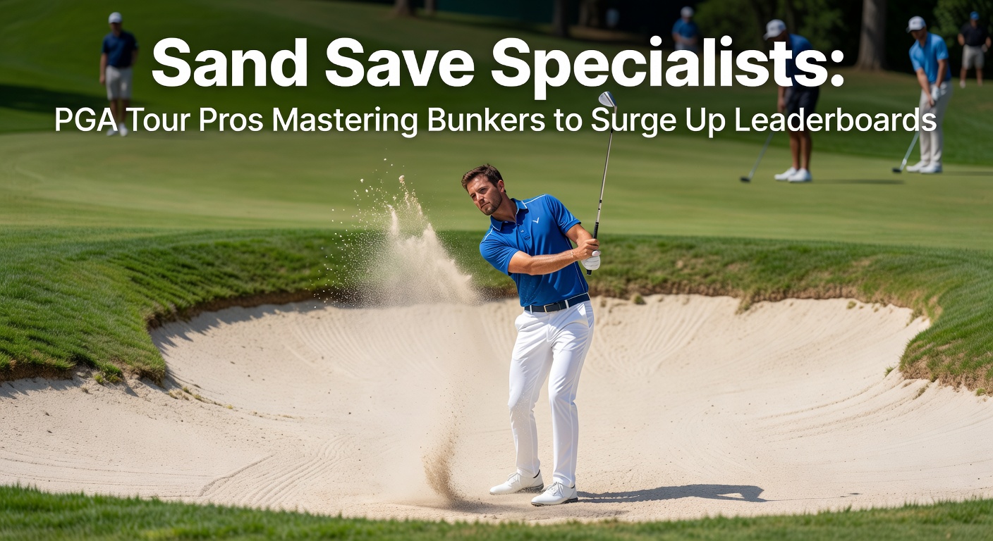 PGA Tour pro executing a precise sand save from a greenside bunker, ball soaring toward the pin