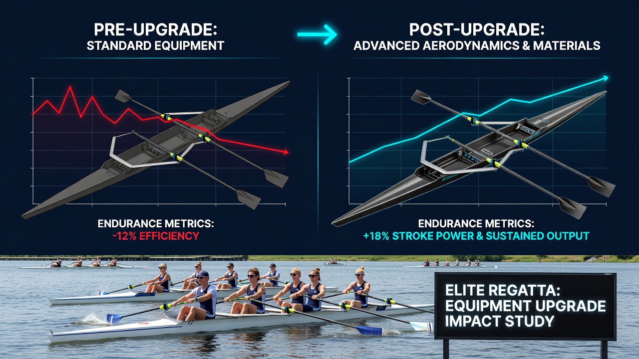 Rowing crew analyzing sensor data from upgraded equipment after a training session