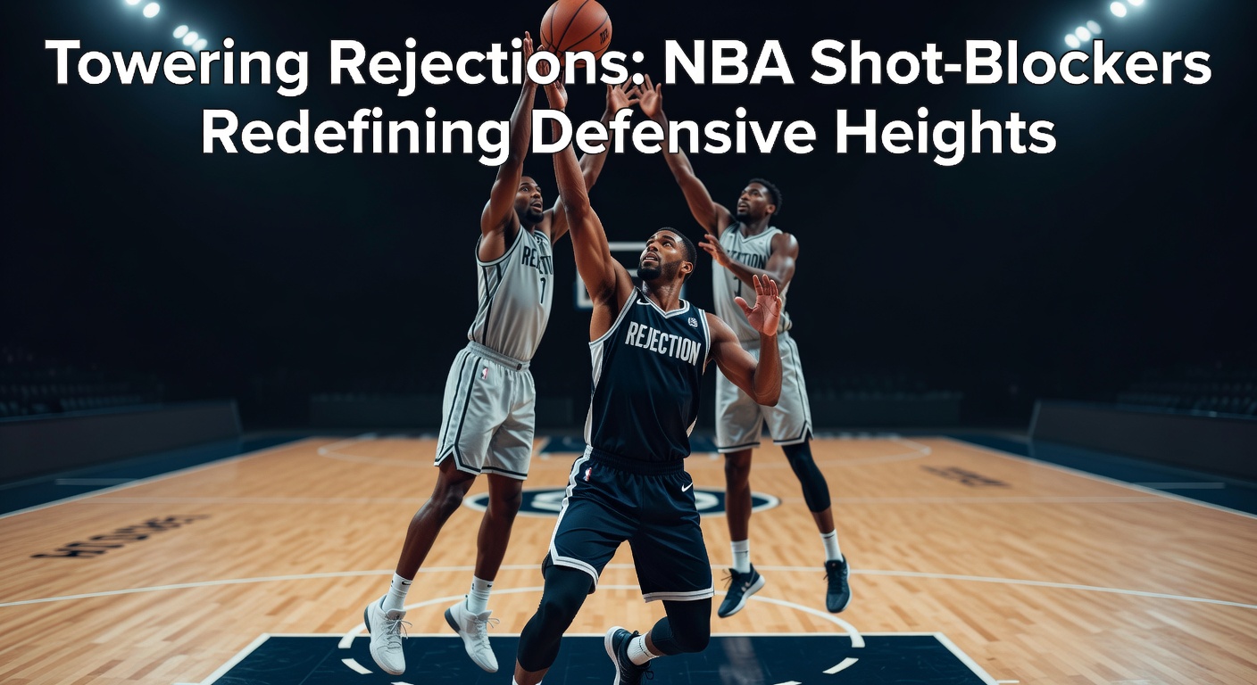 An NBA center leaping high to swat away a fierce dunk attempt mid-air during a packed arena game, capturing the raw athleticism of elite shot-blocking