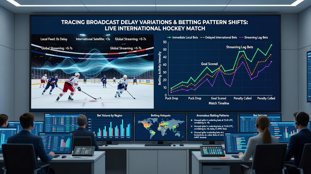 Live odds board updating seconds after a delayed goal notification reaches bettors during an international hockey broadcast