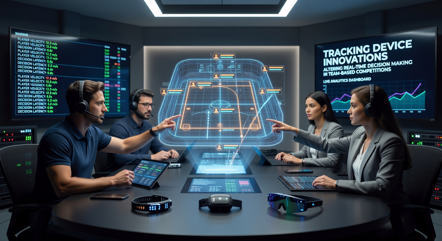 Athletes equipped with wearable tracking sensors during a team competition, with coaches reviewing live data feeds on sidelines