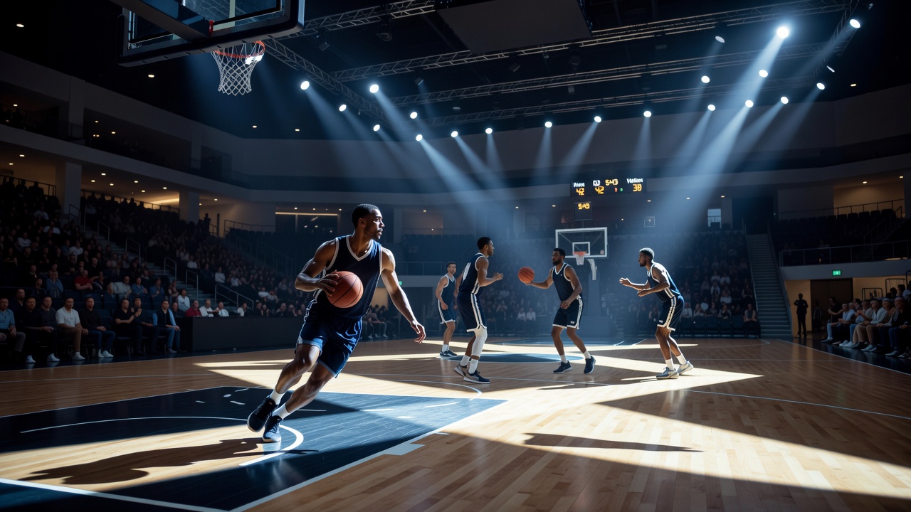 Basketball arena showing varied lighting patterns over the court during an evening game