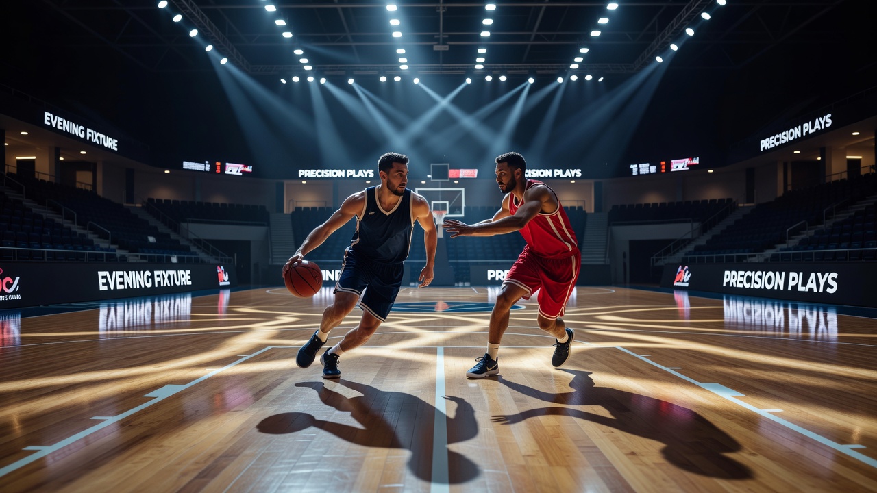 Close-up view of basketball court floor with highlighted lighting zones and player positioning